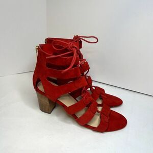 Marc Fisher Red Leather Suede Strappy Lace Heeled Sandals Zip Womens Designer